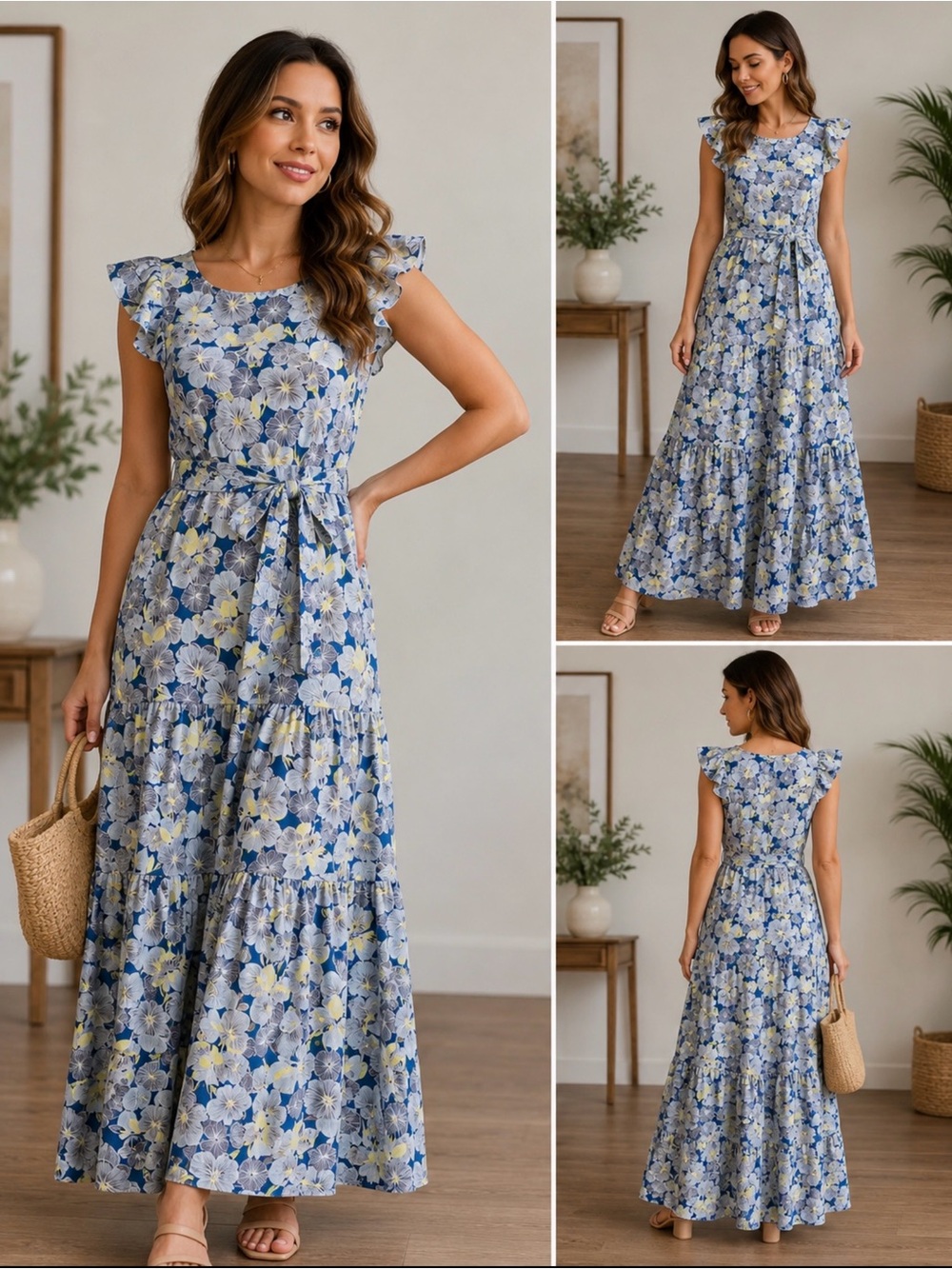 Urbanic Floral Ruffle Sleeve Tiered Maxi Dress Size Small Blue Yellow